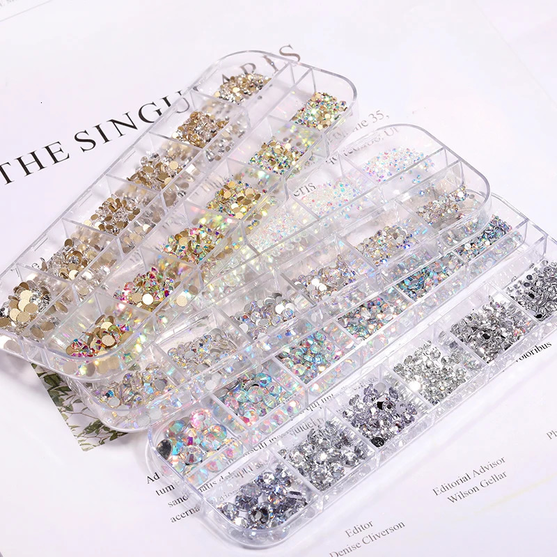 Nail Art Water Diamond 6/12 Grid Box Nail Beads AB Crystal Flat Back Pearl Gemstone with Storage Manager Used for Nail Decoration 240625