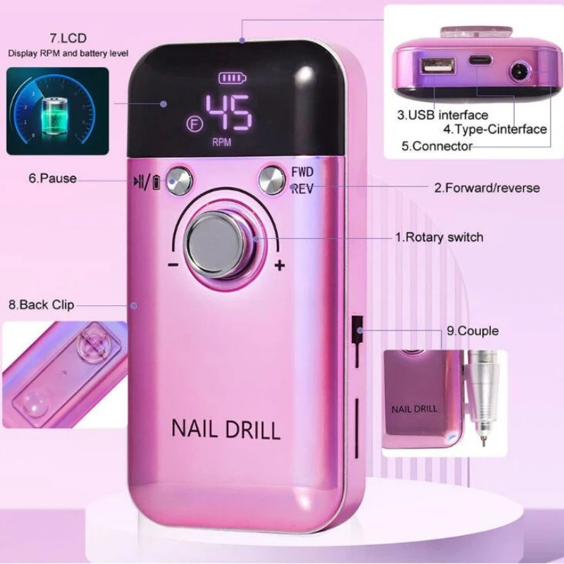 45000RPM Electric Nail Drill Machine Professional Nail Drills for Gel Nails Polish Rechargeable Portable Nail File Manicure Tool 240625