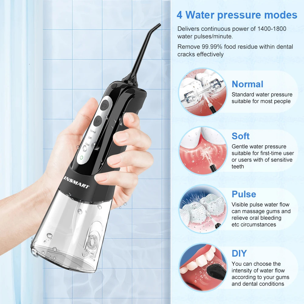 INSMART Oral Irrigator Dental Water Flosser Teeth Whitening Waterproof Portable Dental Water Jet Floss 300ML Teeth Cleaner 240625