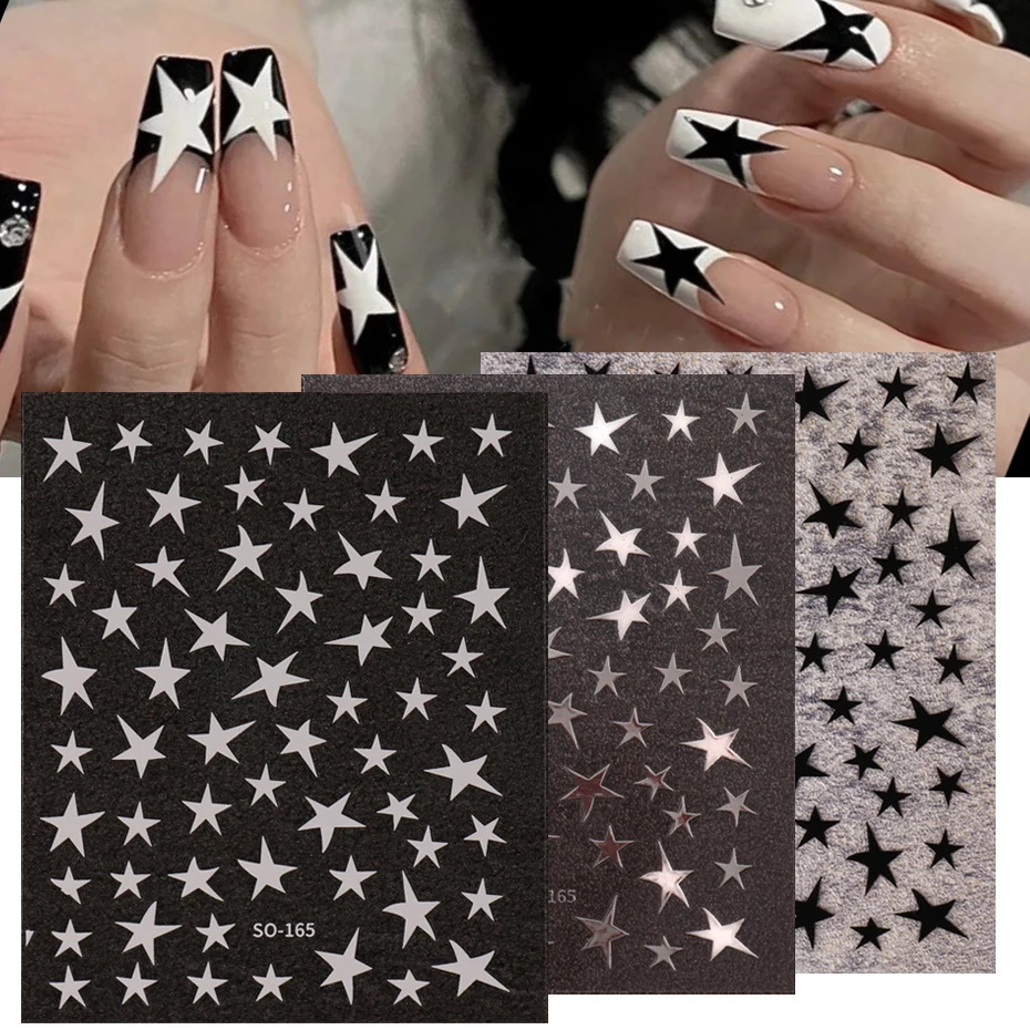3 pieces of white black star nail stickers irregular pentagonal stickers pink laser shiny flash star pattern decorative slider 240625