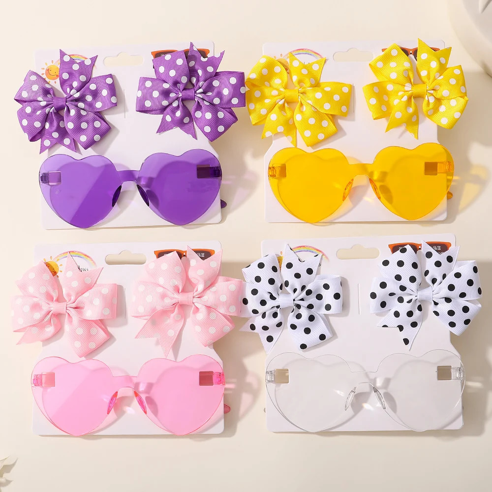 3PcsPack Solid Dot Hair Bows Clip Girls Boutique Bowknot Clips Kids Colorful Heart Sun Glasses Children Accessories 240625