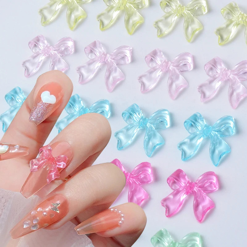 50 Auroras Bowknot 3D Nail Art Decorations Summer Nail Charm Jelly Color Glowing Nail Bow DIY Handle 240625