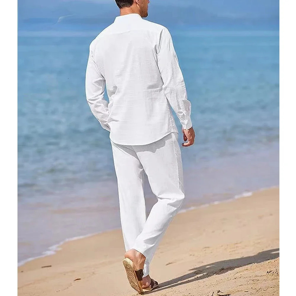 Plus Size Mens Casual Linen Two Piece Sets Europe Style Vintage Basic Tops and Solid Pants Suit Male Beach Tracksuits Set 240614