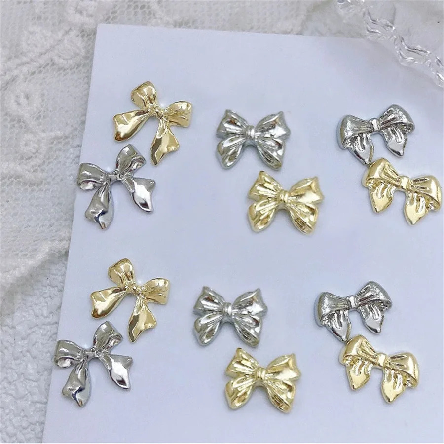 10 pieces/bag Metal 3D Bow Grey Gold Jewelry Nail Art Decoration Studs Charming Rhinestone Handmade Decoration DIY Women 240625