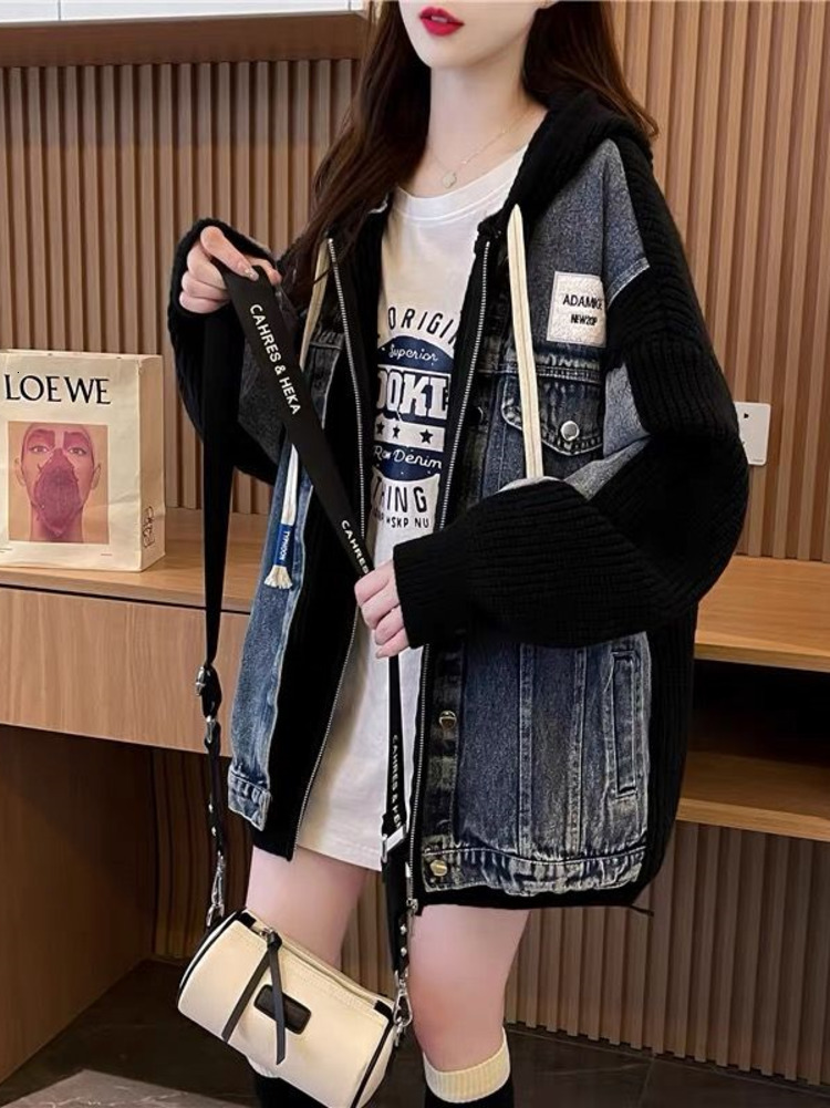 Denim Patchwork Hooded Sweater Women 2024 New Autumn Winter Korean Knitted Jacket Chic Jersey Cardigan Loose Clothes Outerwear H6.26#102