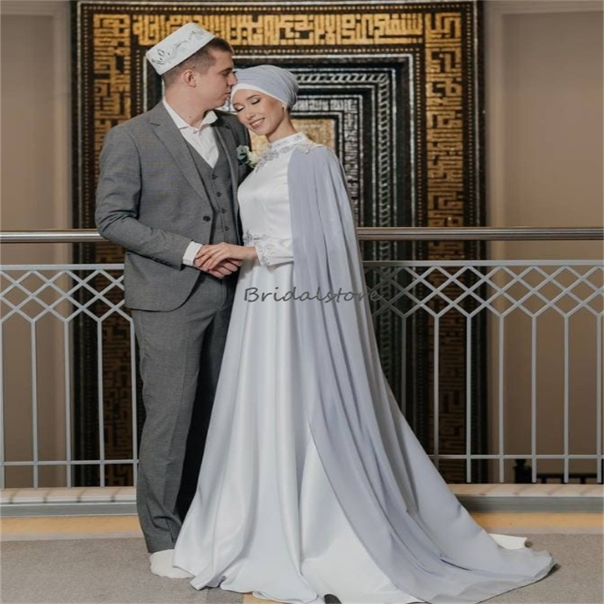 Unique Caucasian Muslim Wedding Dresses 2024 Silver White Moroccan Islamic Bridal Gowns Long Sleeve Whimsical Muslimah Bride Dress Elegant Vestio De N