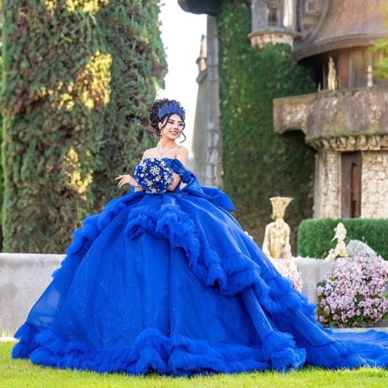 Royal Blue Shiny Ball Quinceanera Dresses Vestidos De 15 Anos Quinceaneras 2024 Tulle Ruffles Brithday Gown Sweet 16 Dress