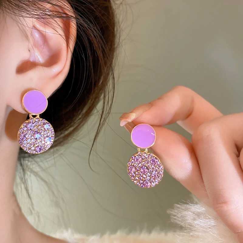 Charm Trendy Purple Rhinestones Drop Earrings for Women Enamel Oil Geometry Metal Round Dangle Earrings Party Jewelry Wholesale Gift