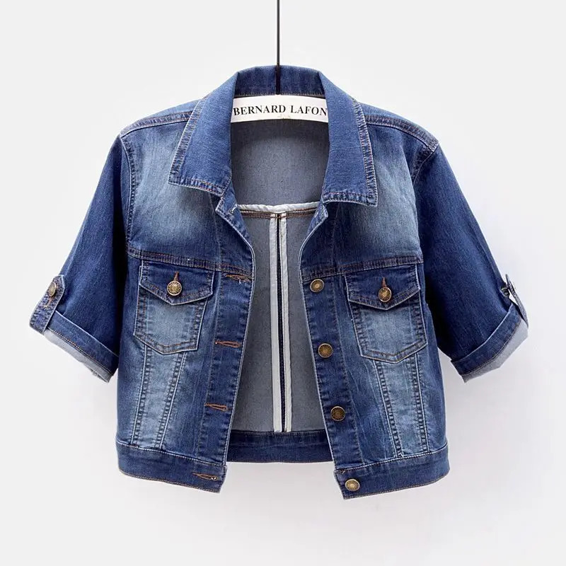 Denim Jacket Women Short Sleeve Jean Jacket Woman Elastic Comfortable Denim Coat Chaqueta Vaquera Mujer Veste Jeans Femme 240618