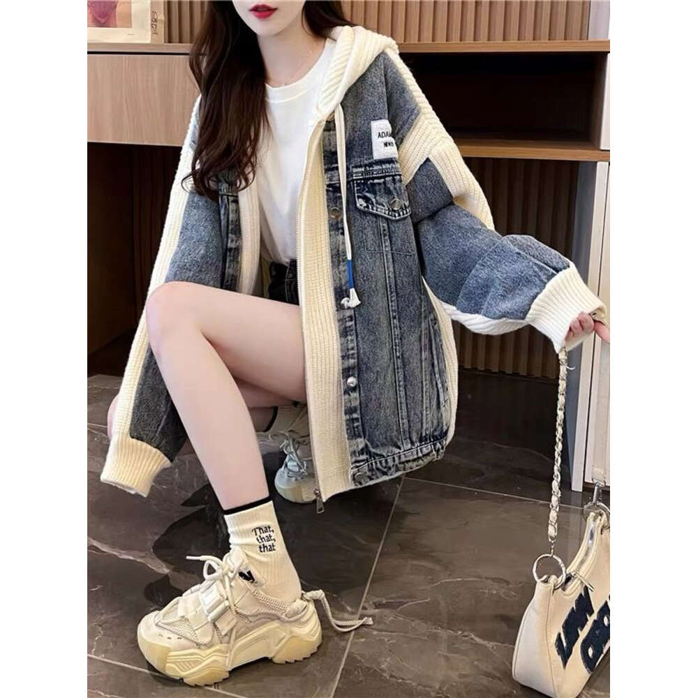Denim Patchwork Hooded Sweater Women 2024 New Autumn Winter Korean Knitted Jacket Chic Jersey Cardigan Loose Clothes Outerwear H6.26#102