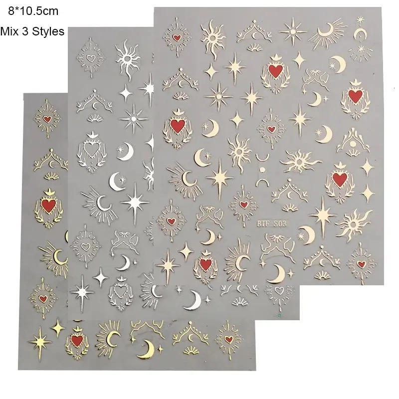 3 3D stickers for nails gold and silver roses gold laser butterfly moon sun adhesive slider DIY nail art sticker accessories 240625