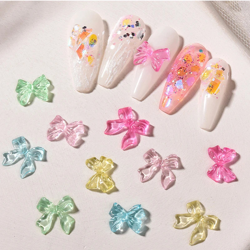 50 Auroras Bowknot 3D Nail Art Decorations Summer Nail Charm Jelly Color Glowing Nail Bow DIY Handle 240625