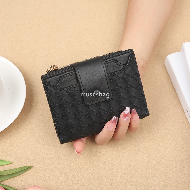 Fashionable Women's High Quality Short Wallet with Woven Pattern and Multiple Card Positions PU Leather Solid Color Simple Large Capacity Change 