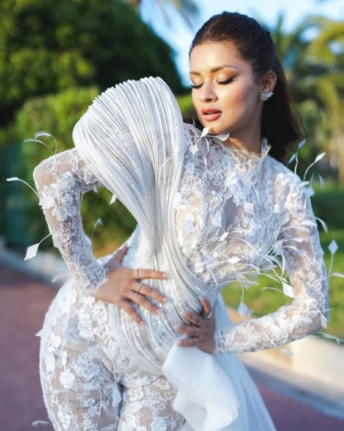 Sexy Ball Gown Jumpsuit 3D-Lace Prom Dress Women Shine ILLUSION Fit Evening Dresses Party Grown Side Tail Vestidos De Novia Customized L24931