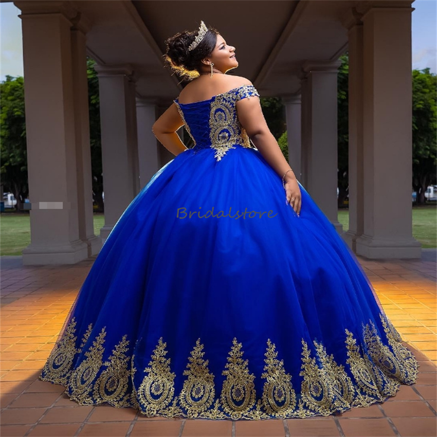 Royal Blue Plus Size Vestidos De 15 Quinceanera 2024 Off Shoulders Ball Gown Masquerade Fifteen Birthday Dress Gold Appliques Elegant Pageant Formal O