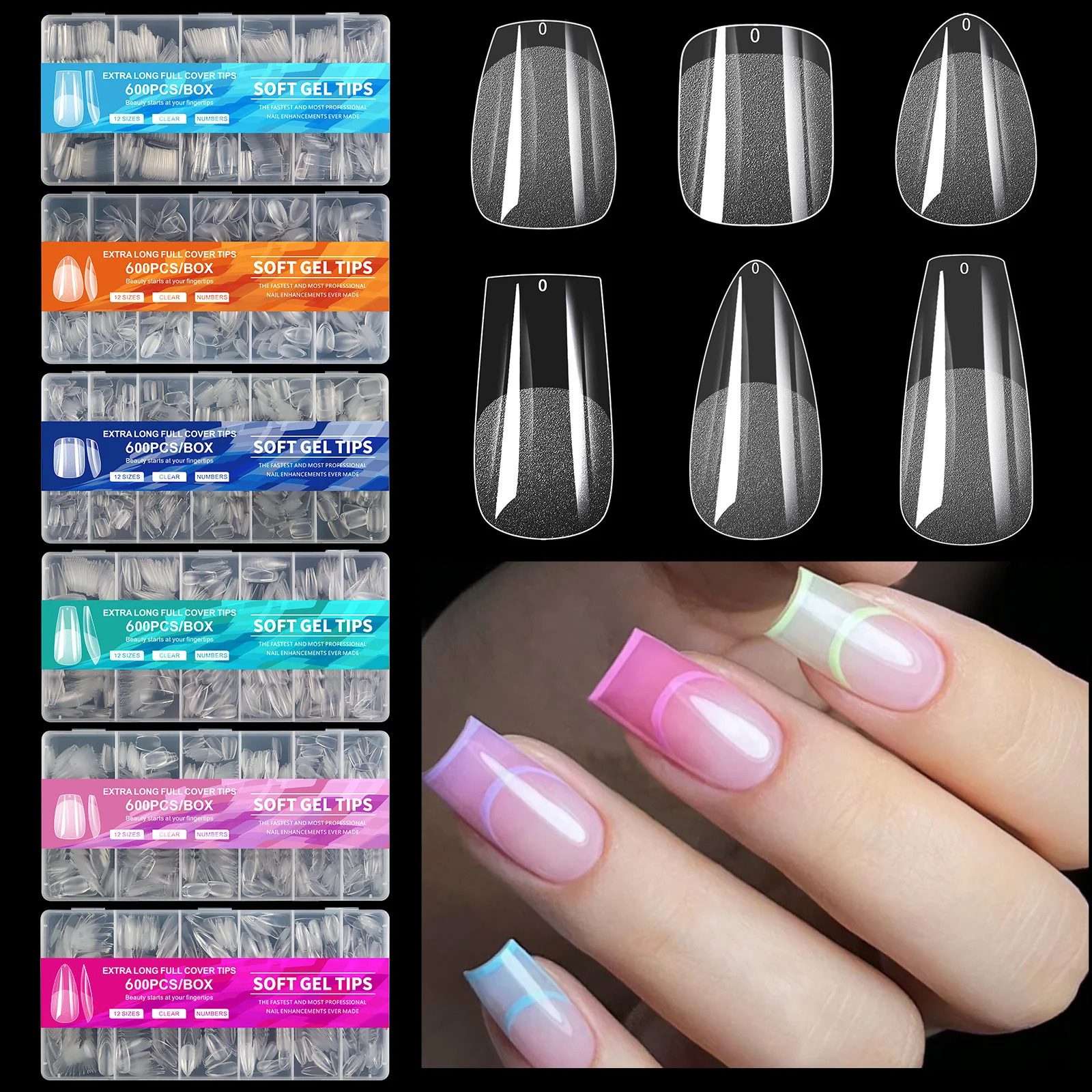 600Pcs Full Cover Press On Nail Tips Stiletto Almond Square Coffin French False Fake Soak Off Gel Nail Extension Tips Capsule 240625