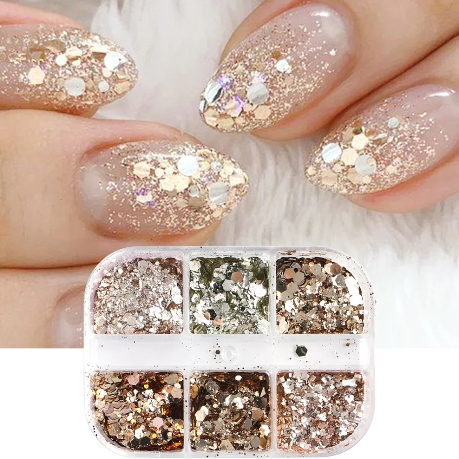 Sparkling Champagne Nail Sequins Silver Reflective Effect Thin Wedding Nail Charm Oil Painting Decoration LA1909-48 240625