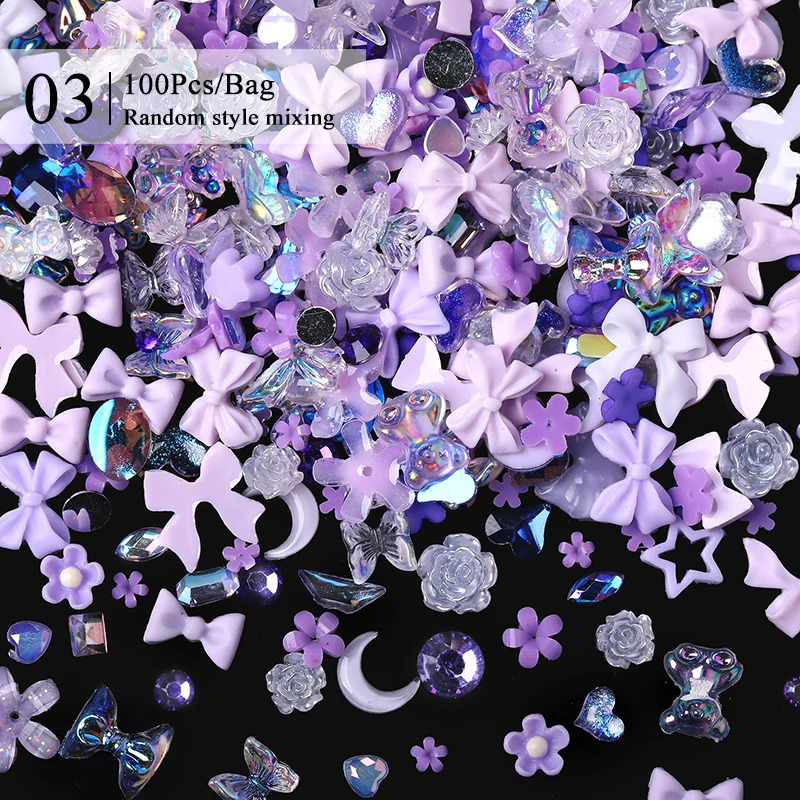 100 pieces of mixed resin nail art charm Kawaii candy colorful flower bow rhinestone pearl jewelry jelly crystal nail decoration 240625