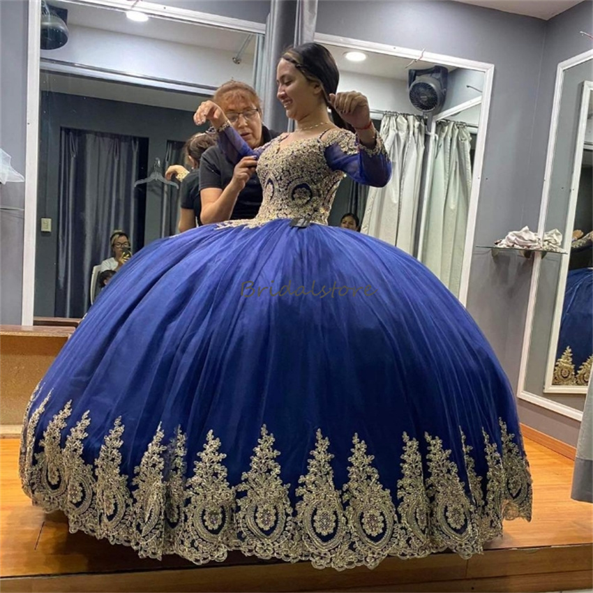Princess Navy Blue Quinceanera Dresses With Gold Appliques Long Sleeve Corset Vestido De Xv Anos Ball Gown Sixteen Birthday Elegant Floor Length Tulle