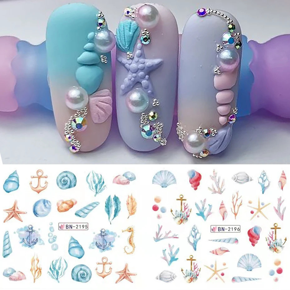 12 pieces of shell water transfer stickers for mermaid nails jellyfish seahorse sliders stickers mermaid DIY summer decoration 240625