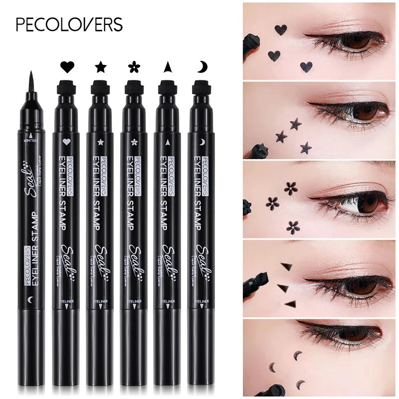 1pcs Black Eyeliner Pen Waterproof Not Blooming Long-lasting Eye Pencil Double Head Moon Star Heart Flower Liquid Eyeliner Pen 240625