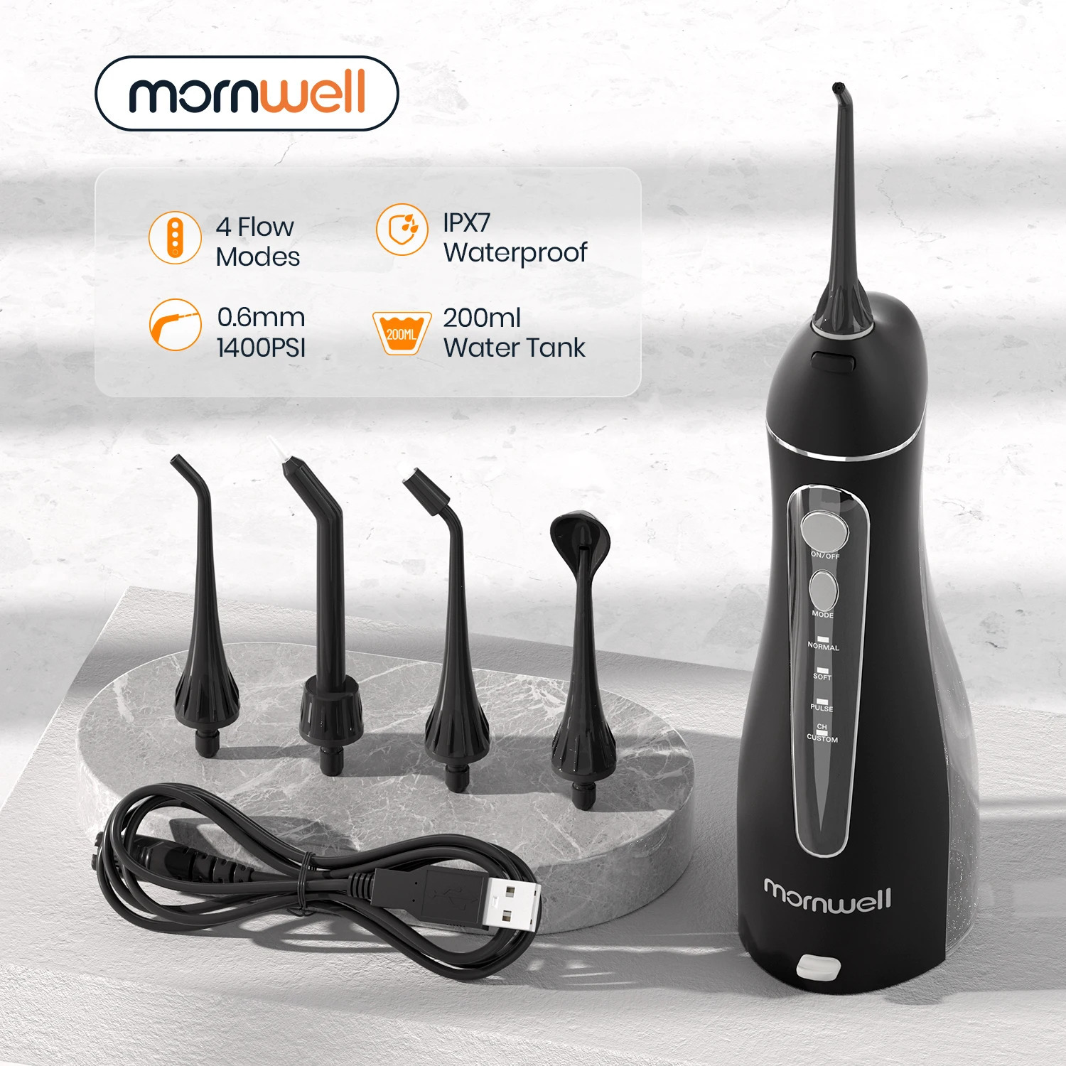 Mornwell F18 Portable Oral Irrigator With Travel Bag Water Flosser Rechargeable 5 Nozzles Water Jet 200ml Water Tank Waterproof 240625