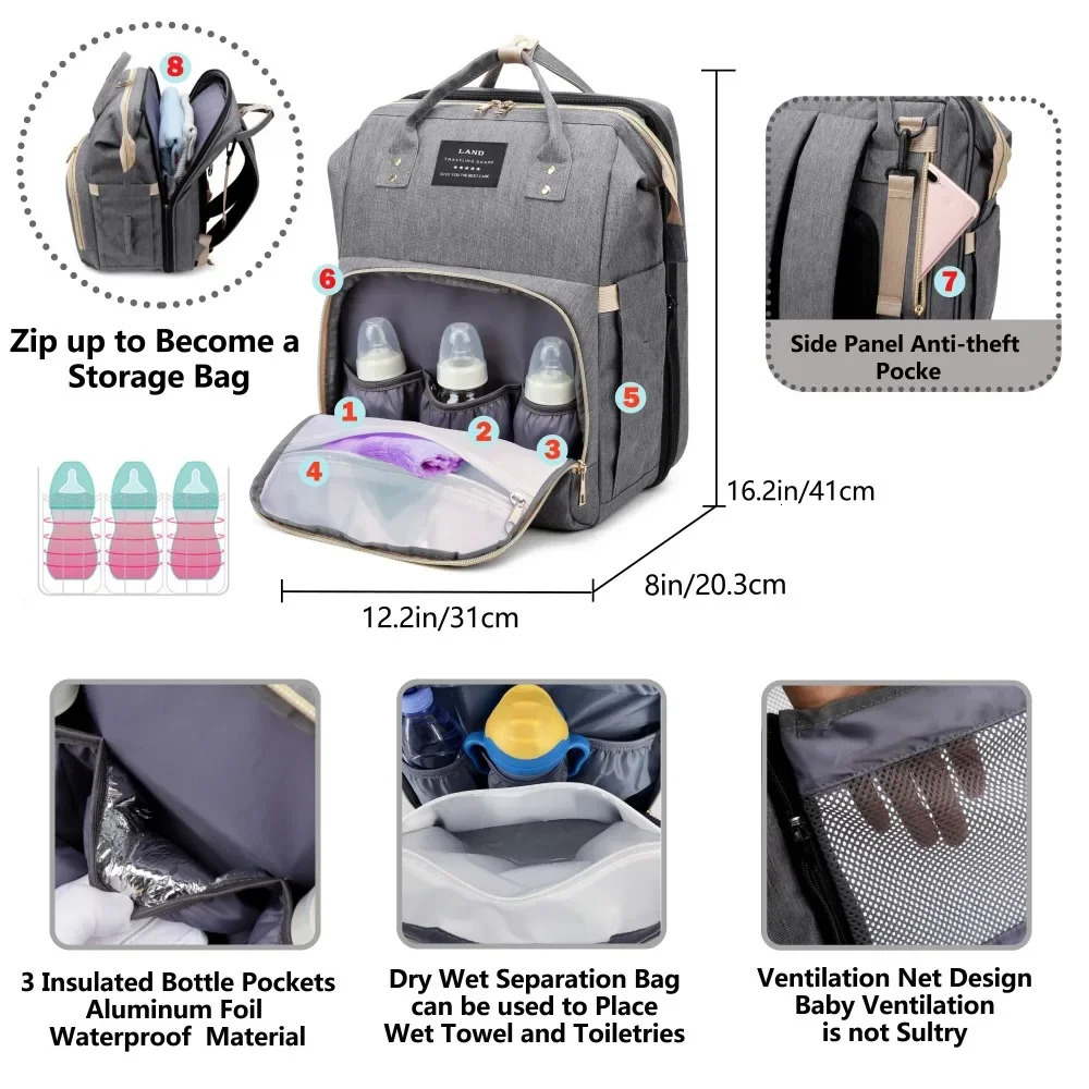 Mommy Bag Lightweight Portable Folding Crib Bed Large-capacity Travel Maternity Bags Baby Backpack Female Mommy Outting Bag 240626