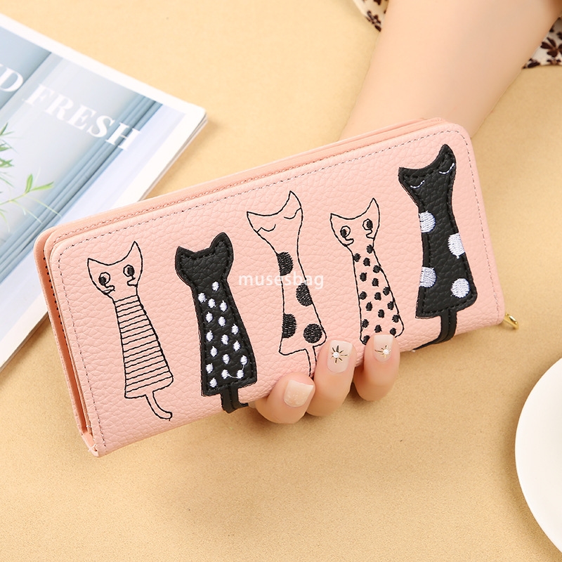 Fashionable women's designer temperament European and American cat cute cartoon embroidery thread lightweight and multifunctional zipper long wal