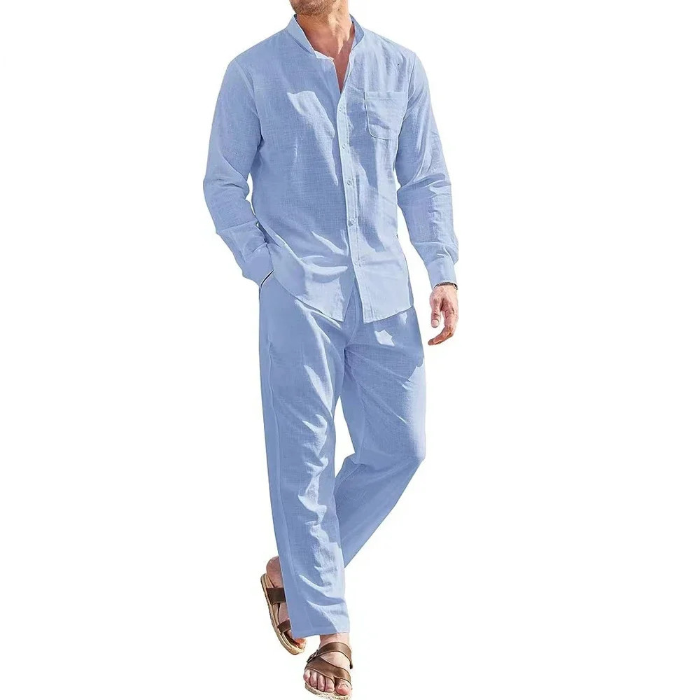 Plus Size Mens Casual Linen Two Piece Sets Europe Style Vintage Basic Tops and Solid Pants Suit Male Beach Tracksuits Set 240614