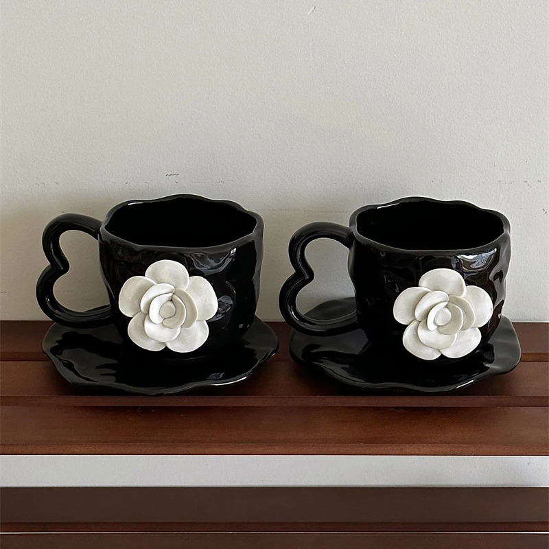 Handmade 3D Camellia Flower Black Coffee Afternoon Tea Cup Plate Ceramic Cup Gift Cup 240626