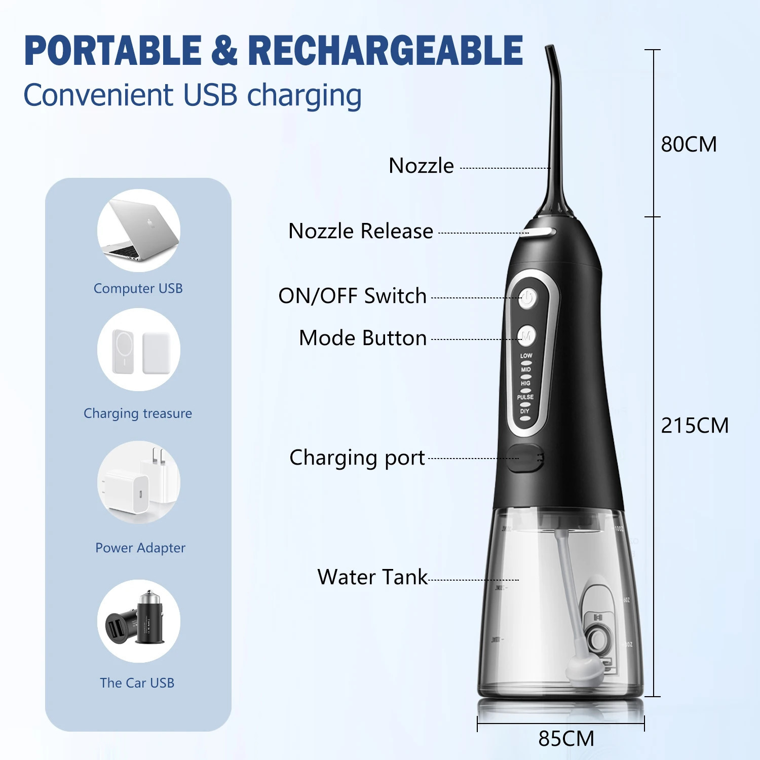 Oral Irrigator USB Rechargeable Water Flosser Portable Dental Water Jet 300ML Water Tank Waterproof Teeth Cleaner For Oral Care 240625