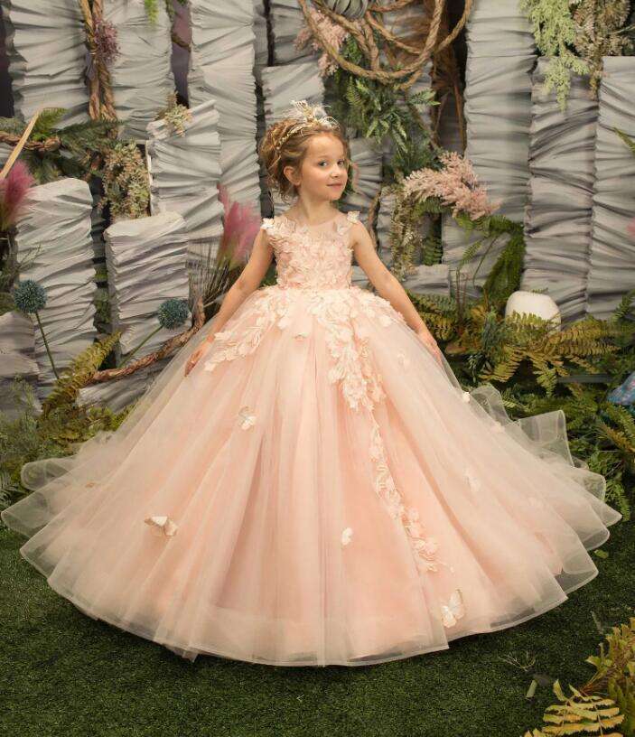 Flower Dresses Weddings Sleeveless Tulle Party Dress For Kids Girl Lace Appliques Princess Ball Gown Pageant Mc2300 0629