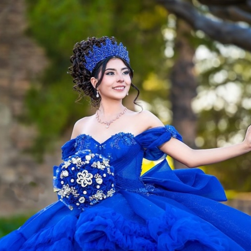 Royal Blue Shiny Ball Quinceanera Dresses Vestidos De 15 Anos Quinceaneras 2024 Tulle Ruffles Brithday Gown Sweet 16 Dress
