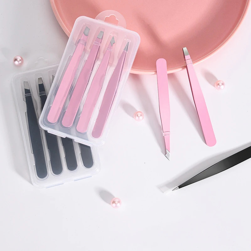 Pink 24Pcs High-Quality Eyebrow Tweezer Hair Beauty Fine Hairs Puller Stainless Steel Slanted Brow Clips Removal Makeup Tools 240626