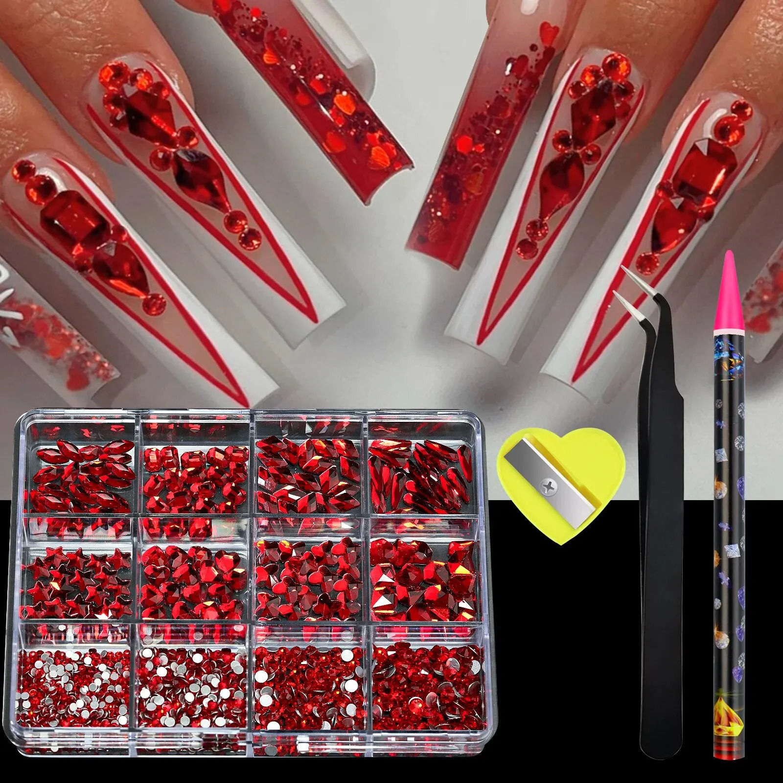 12 Grid 3D Nail Alloy Gem Water Diamond Jewelry Charm Heart Crystal Gem Nail Processing Accessories Nail Ar 240625