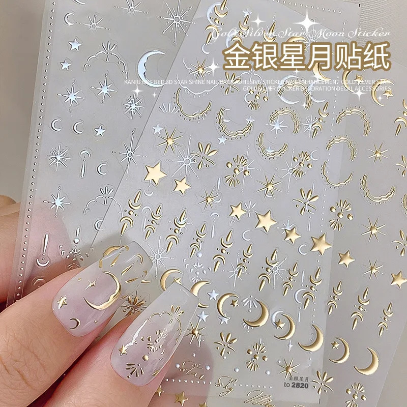 3D Gold/Silver Star/Sun/Moon Bronze Nail Art Sticker Laser Star Moon Style Nail Sticker Gold/Silver Self Adhesive Slide 1 Piece 240625