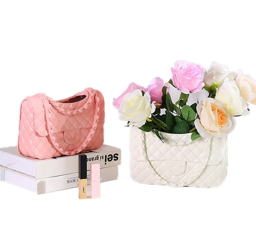 Simple Shape Home Dwe74 Tabletop Personalized Solid Color Chain Bag Dry Flower Basket Decoration Vase White Black Pink