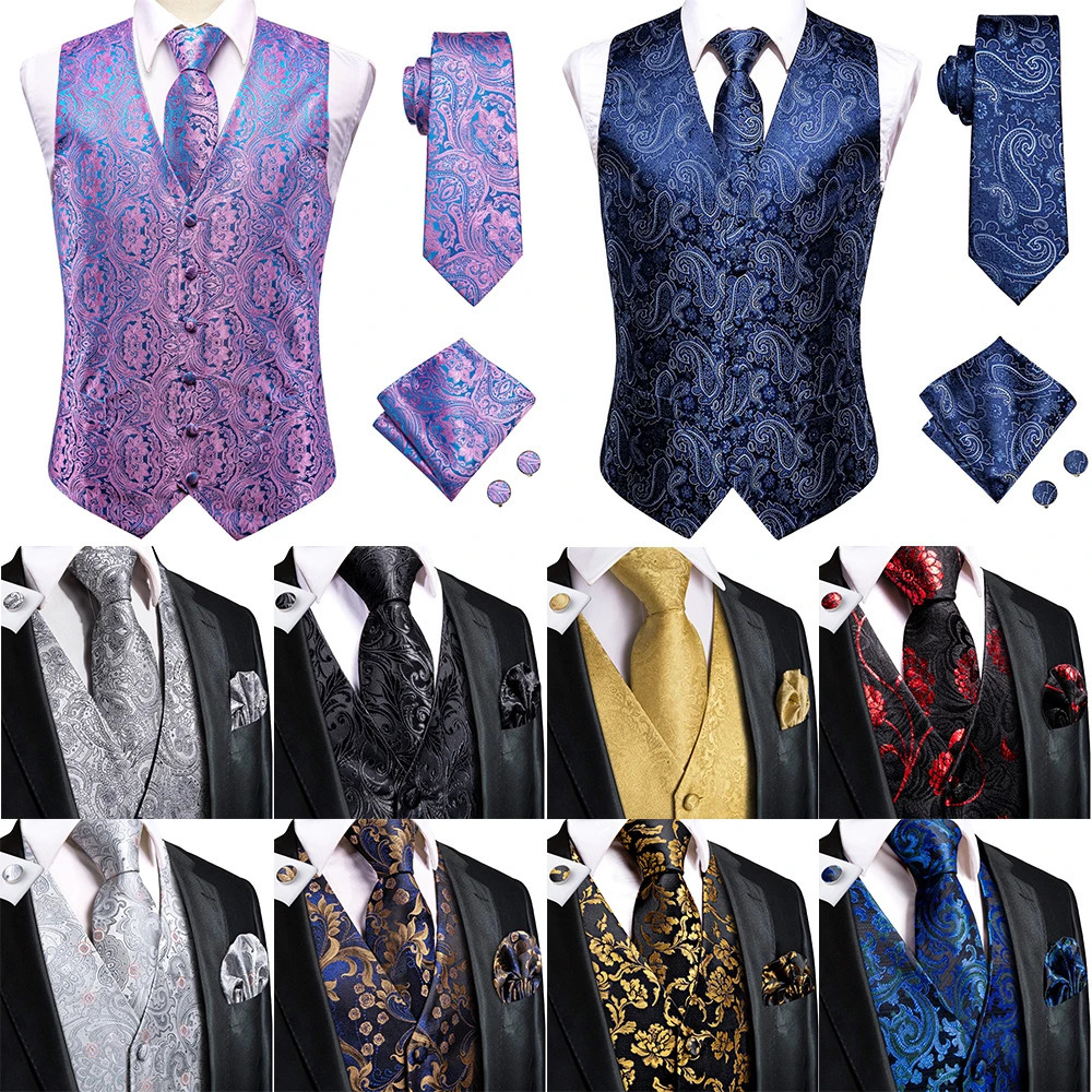 Wedding Purple Silk Men Vest Paisley Slim Fit Necktie Hankerchief Cufflinks Sets Male Sleeveless V-Neck Waistcoat Party Hi-Tie 240615