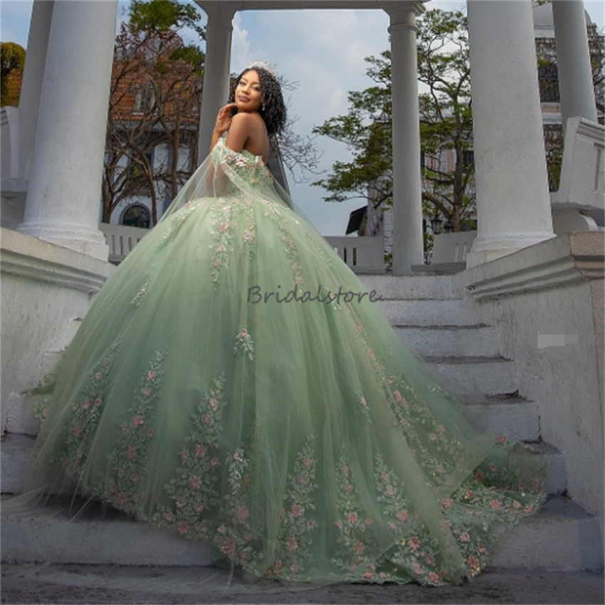 Mint Green Florals Vestidos De 15 Quinceanera Dresses Cape Sleeves Lace Up Vestido De Xv Sweet 16 Dress Fifteen Party Birthday Gown Charro Debutante P