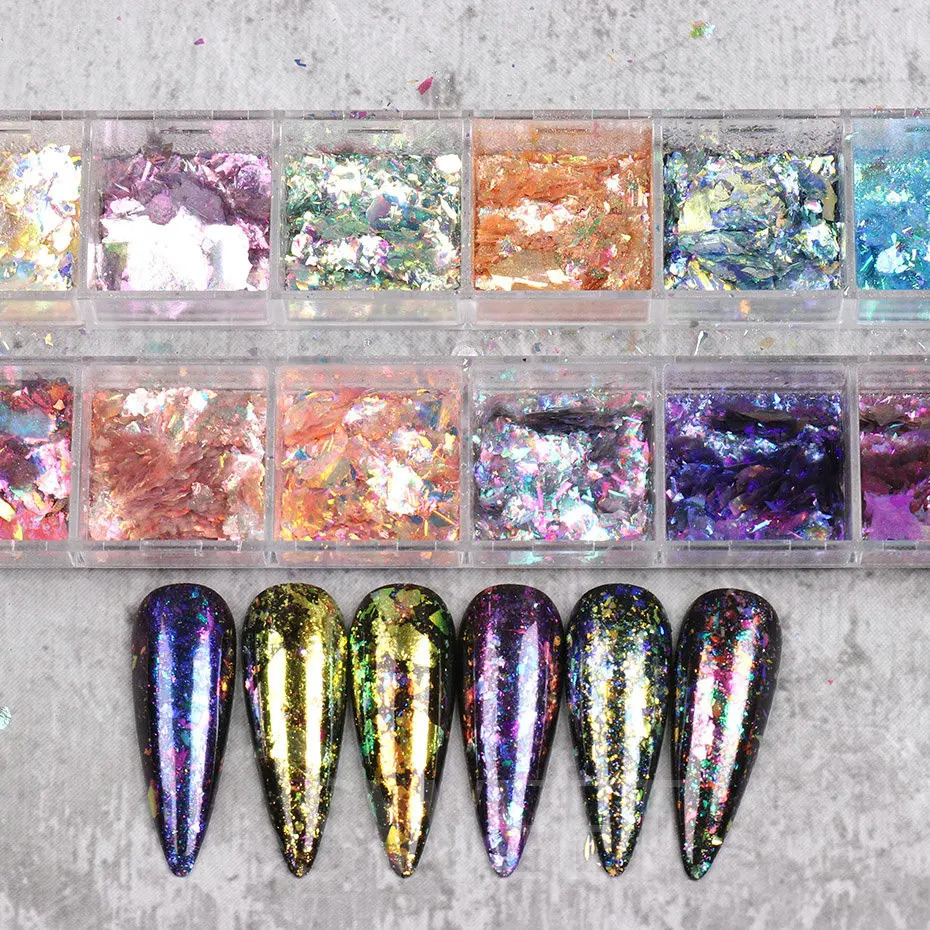 12Grid Aurora Ice Crystal Opal Powder Nail Glitter Iridescent Dust Charm Nail Flakes Slice Sparkly Brocade Sequin Manicure BEYFH 240625