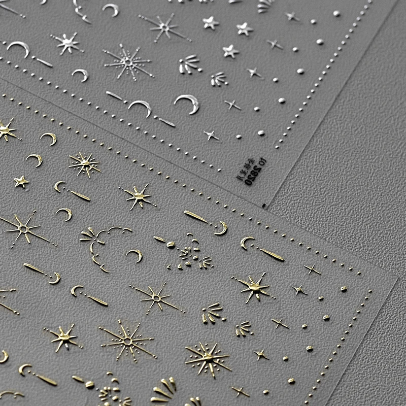 3D Gold/Silver Star/Sun/Moon Bronze Nail Art Sticker Laser Star Moon Style Nail Sticker Gold/Silver Self Adhesive Slide 1 Piece 240625