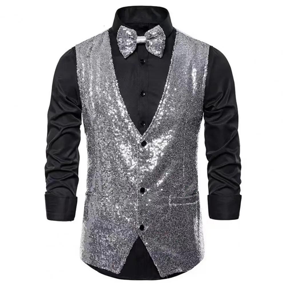Men Sequin Waistcoat Sleeveless Slim Fit Shiny Blazer Vest Party Wedding Waistcoat Suit Vest Men Stage Performance Sequin Vest 240615