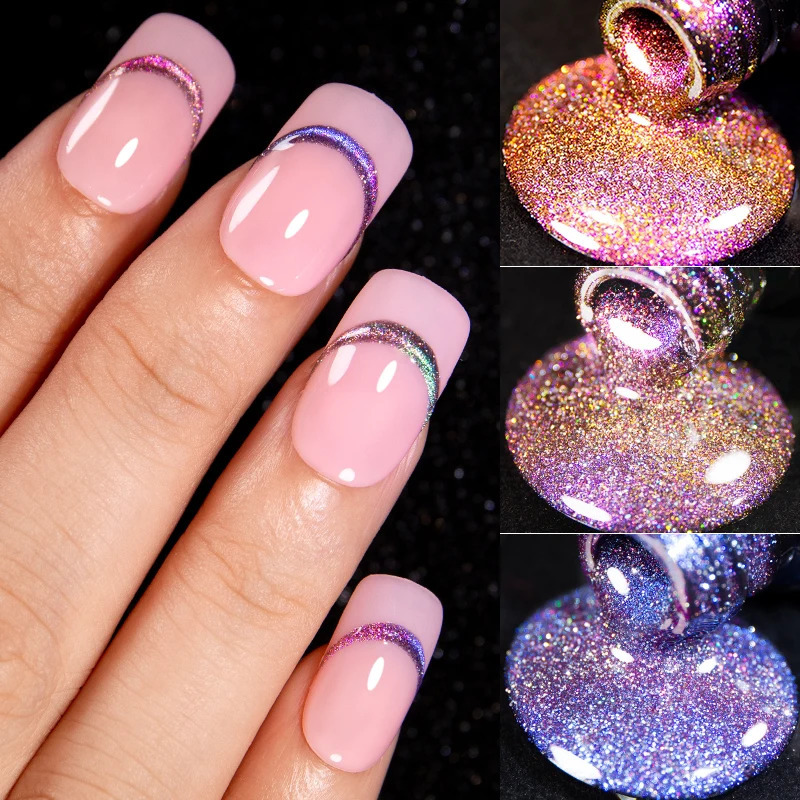BOZLIN 7.5ml Double Light Reflective Magnetic Gel Sparkling Rainbow Soak Off Semi anent Nail Art Disco Flashing Cat Eye Gel 240625