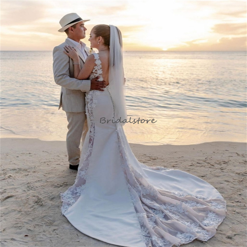 Elegant Destination Beach Mermaid Wedding Dresses 2024 Celtic Rustic Country Lace Bridal Dress Backless Soft Satin Bride Dress Vestido De Noiva Casame