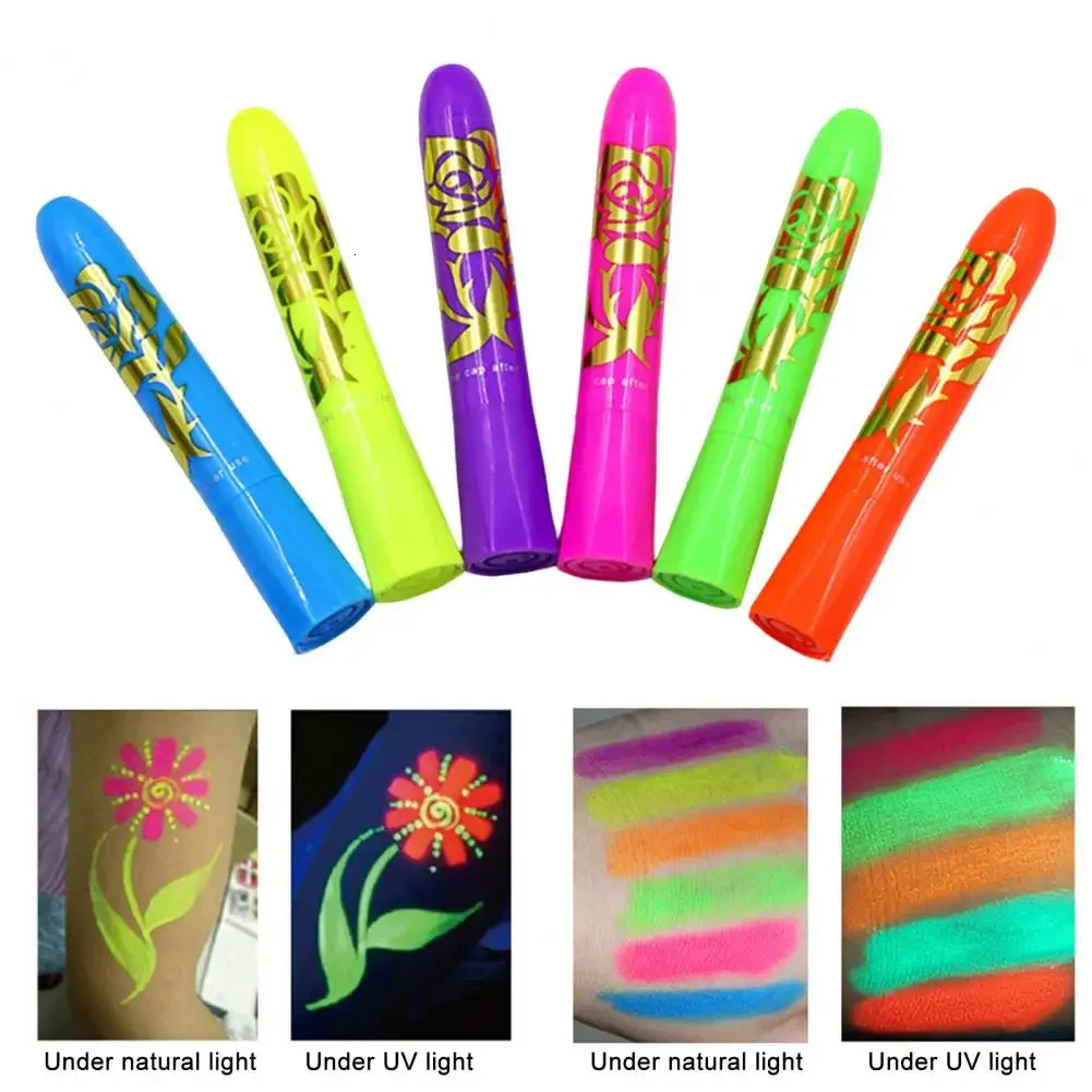 6Pcs Face Paint Crayon Vibrant Color Neon Body Paint Stunning No Odor Makeup Painting Face Body Paint Glow Stick Party Supplies 240626