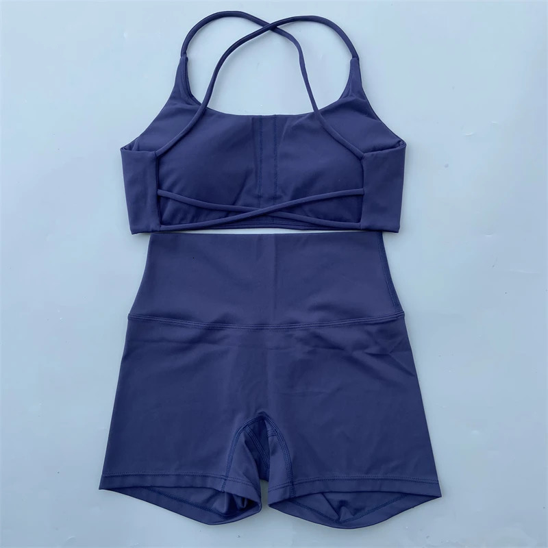 Yoga Shorts Set Gym Sports Set 2 Piece Women Workout Outfit Fitness Suit Cross Straps Bra High Waist Shorts Running Tracksuit 240625