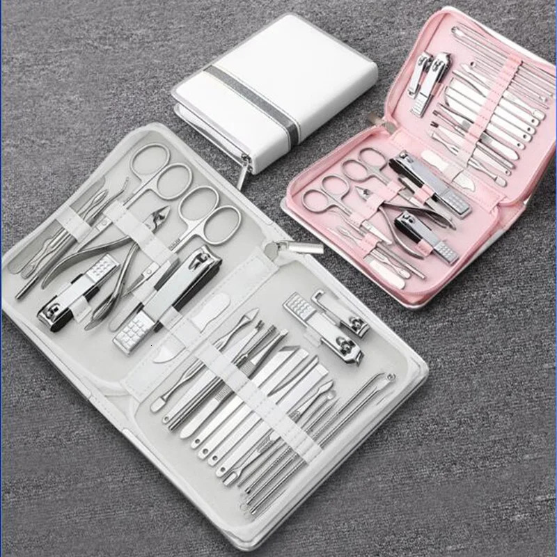 26PCS Stainless Steel Nail Clippers Cuticle Scissors Pedicure Knife for Pedicure Pusher Nail Files Leather Case Manicure Sets 240625