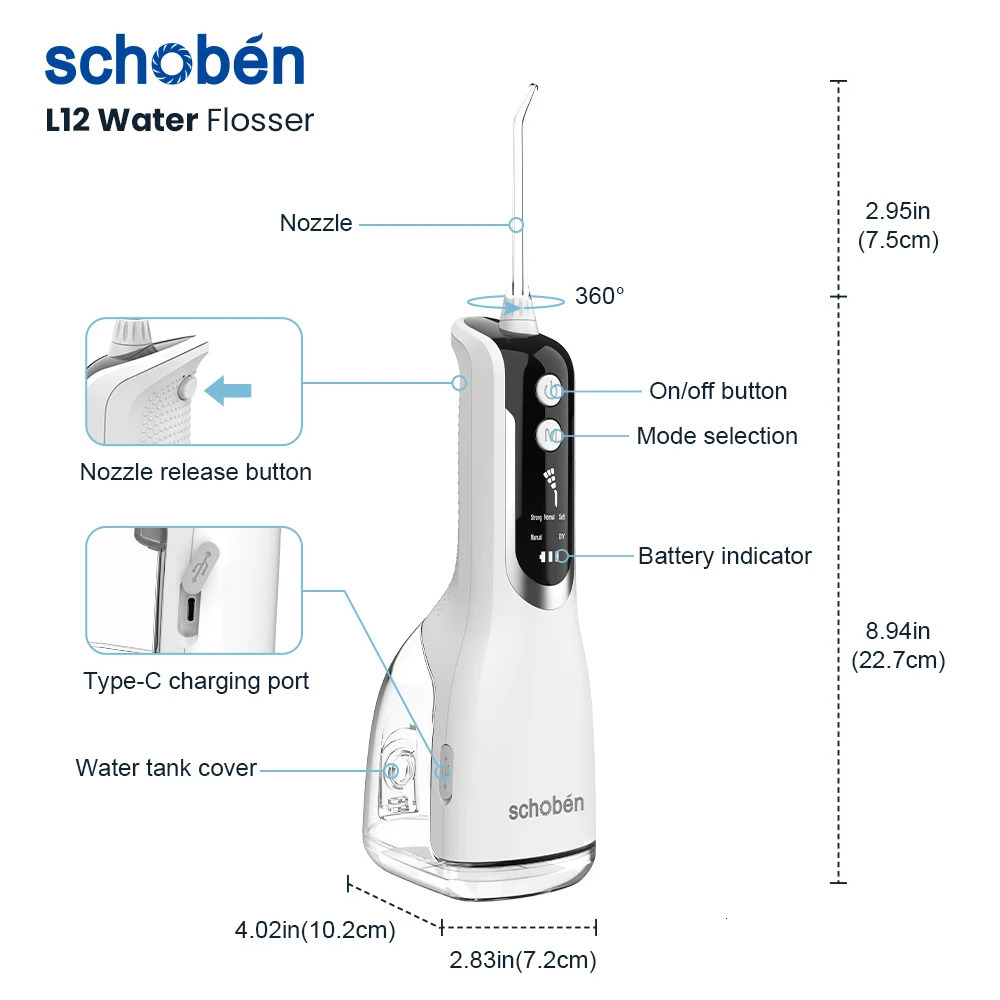 Schoben Portable Oral Irrigator USB Rechargeable Water Flosser Dental Water Jet 330ML Water Tank IPX7 Waterproof Teeth Cleaner 240617