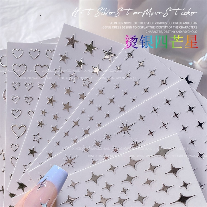 6 pieces/set of 3D silver metal mirror star shaped nail art stickers Y2K heart-shaped star and moon adhesive stickers240625