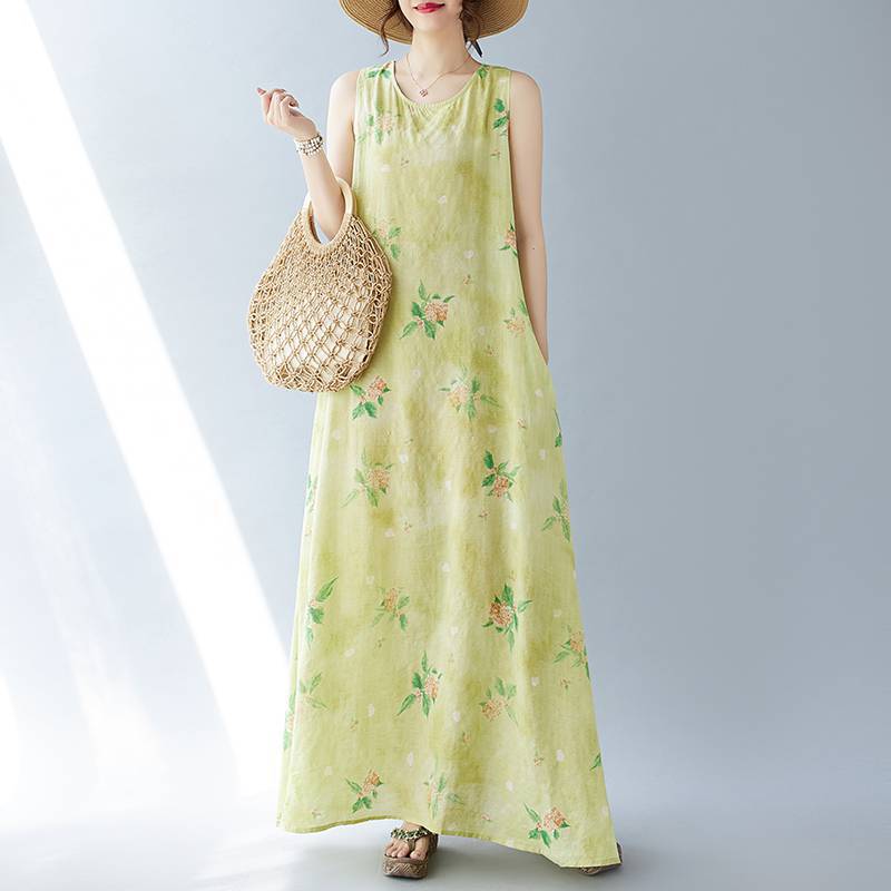 Sleeveless round neck printed dress, oversized women's new Bohemian vacation summer